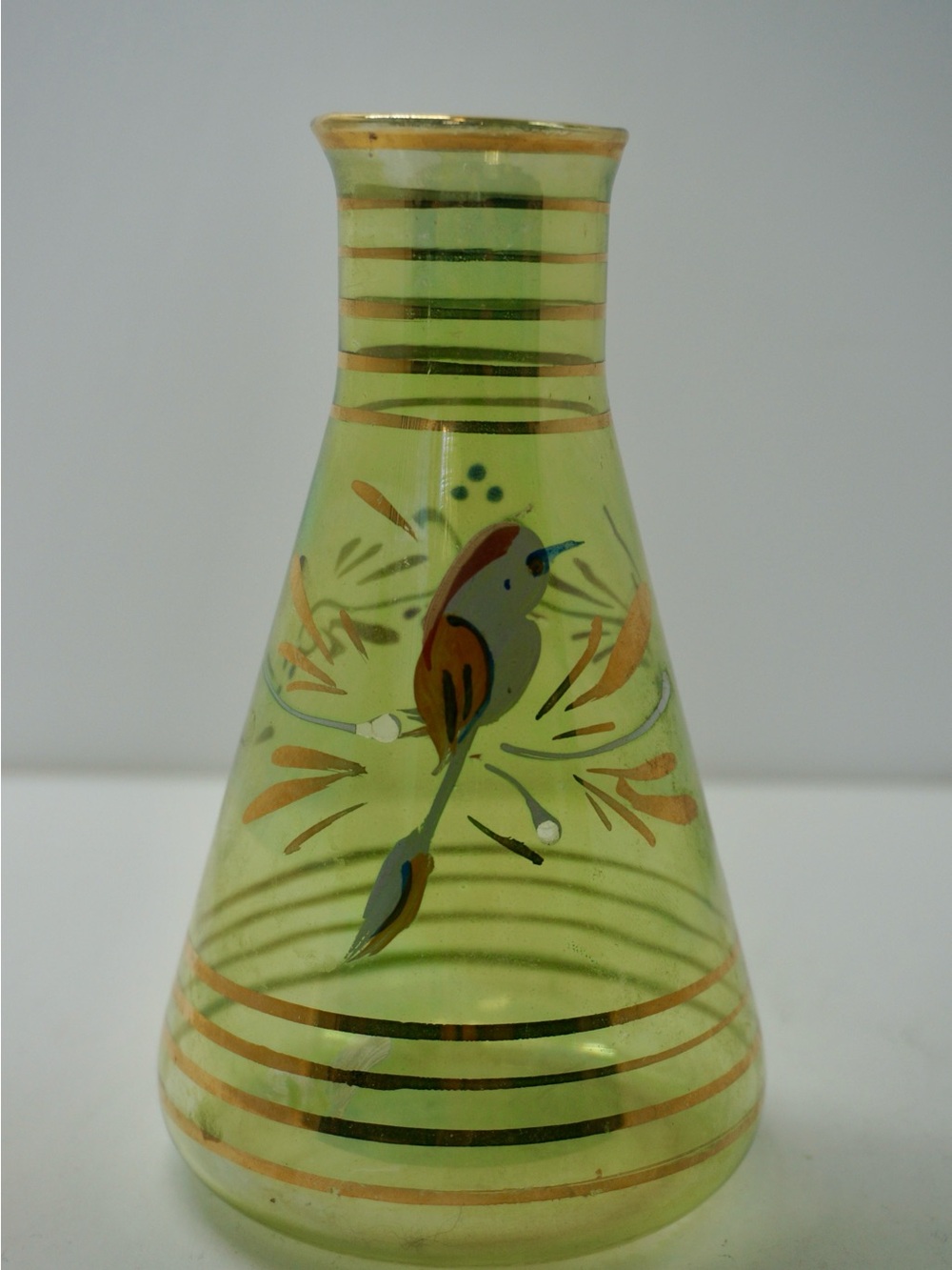 Vintage Hand Painted Erlenmeyer Flask Beaker - Bohemian Enameled Bird Glass
